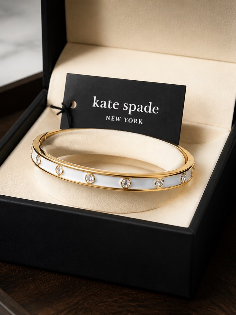 kate spade Gold-Tone White Enamel & Crystal Bangle